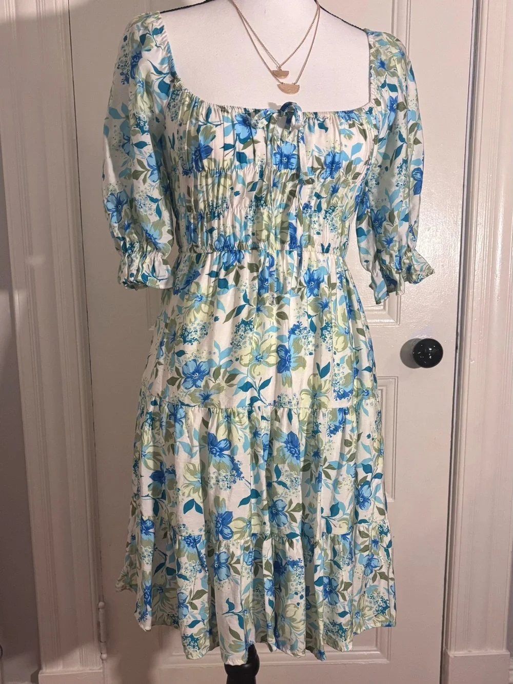 Smocked Square-Neck Mini Dress in Blue Floral - Picture 3 of 8